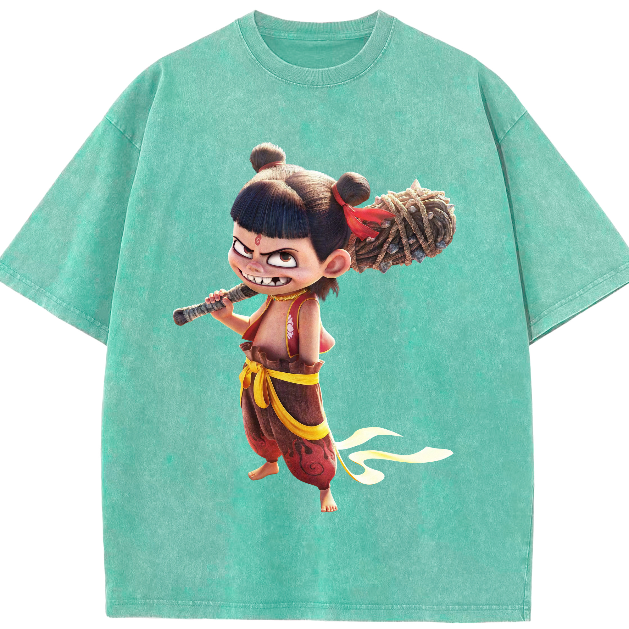 （画像用） Ne Zha 2 ナタ 魔童の大暴れ 綿100% ヴィンテージ風 半袖Tシャツ（フロントプリント）